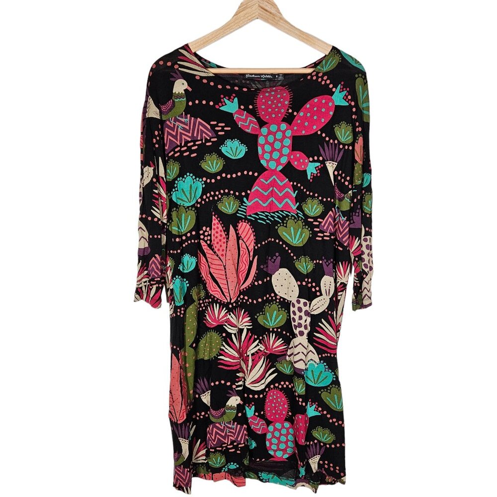 Gudrun Sjödén Sjoden Womens Dress MEDIUM Colorful Catcus Print Knit Long Sleeves